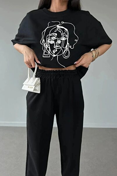 coolart Tricou Line Face Pantaloni de sport Jogger - Set Trening Negru Imprim...