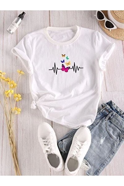classy moda Μπλουζάκι με στάμπα με λευκή πεταλούδα - Crew Neck, κοντό μανίκι