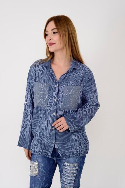 Park Moda 22007-1 Leopar Desen Ip Detaylı Payetli Gömlek