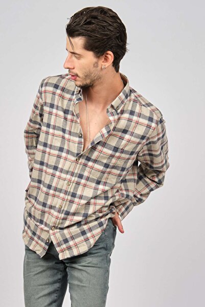 De Leone Men's Striped Long Sleeve Wool Finished Shirt 0171101 Beige