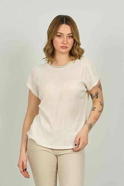 ELLA CAMELIA Women's Stone Detailed Patterned Blouse 19E070 Ecru