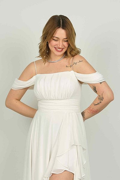 Dans Women's Low Sleeve Rope Strap Deep Slit Long Evening Dress 1380 Ecru