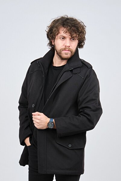 By Serco Men's Black Stand-up Collar Shoulder Epaulette Coat 0620592