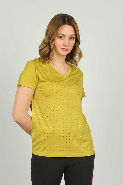 ELLA CAMELIA Bluză cu mânecă scurtă cu decolteu în V brodate cu piatră strălucitoare în față pentru femei 20E007 Lemon Mold