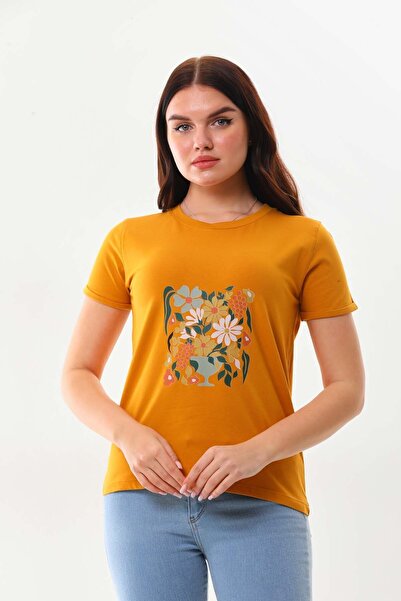 Sistas بلوزة نسائية قطنية بأكمام قصيرة ورقبة دائرية 23115 زعفران