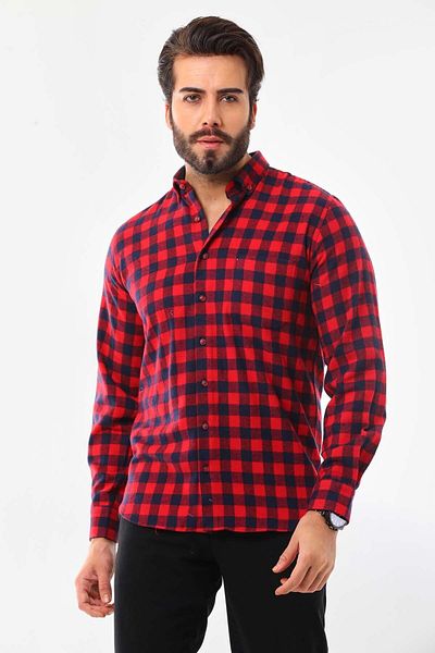 marisso Men's Square Patterned Long Sleeve 100% Cotton Shirt 019YNC Red