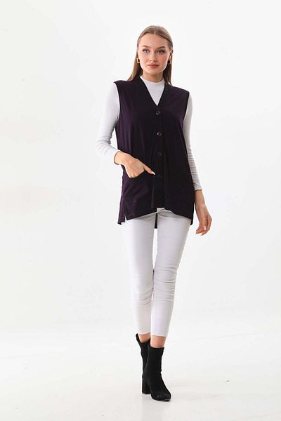 Günay Women's Pocket Detailed V-Neck Vest 2603 Plum