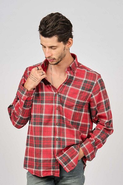 De Leone Men's Striped Long Sleeve Wool Finished Shirt 0171109 Red