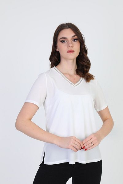 ELLA CAMELIA Women's Collar Embroidered Blouse 9e013 Ecru