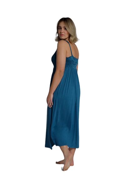 MAMAYAGA Women's Lace Detail Strap Turquoise Stylish Long Plus Size Curve Viscose Nightgown