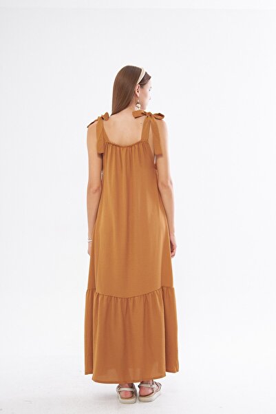 The Champ Clothing Square Collar Tied Shoulder Woven Dress - Tan