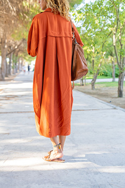 Güneşkızı Women's Brick Linen Bat Sleeve Casual Pocket Shirt Dress Bst3282