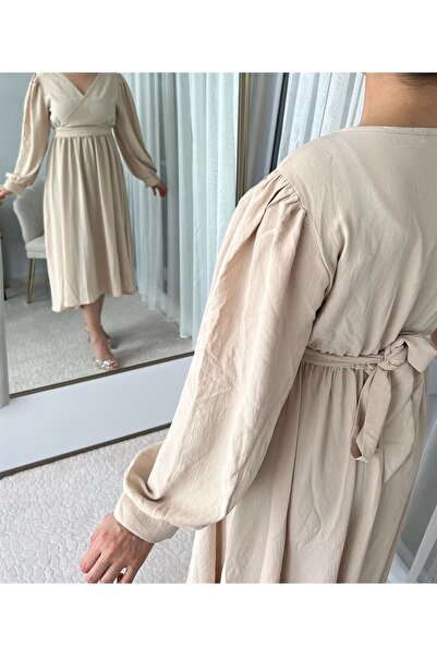 PatutA ButiK Taş Rengi Kruvaze Yaka Kuşaklı Elbise