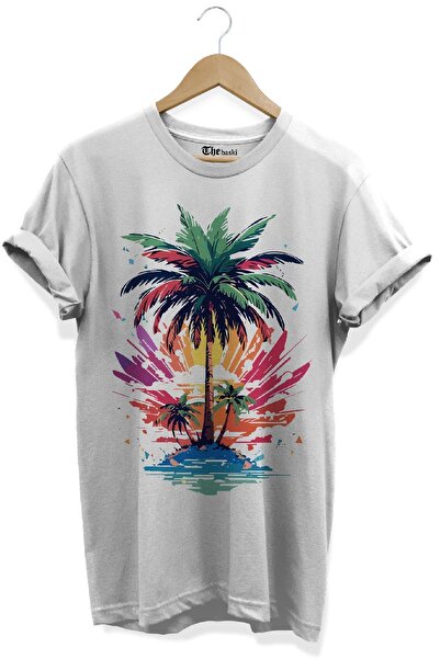 The Baski Premium bela majica - letnji print palme, 100% pamuk