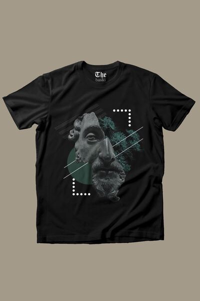 The Baski تي شيرت أسود بأكمام قصيرة مطبوع عليه تمثال ماركوس أوريليوس للجنسين