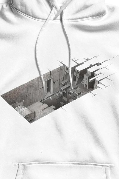 The Baski Unisex White Cool Architectural Printed Kangaroo Pocket Hoodie