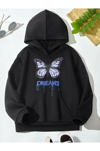 NoVibe Παιδική μπλούζα για κορίτσια Oversize Μαύρο Μπλε Dreams με στάμπα με κουκούλα