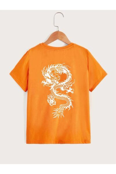 NoVibe Orange Dragon Printed Children's Unisex Oversize T-shirt