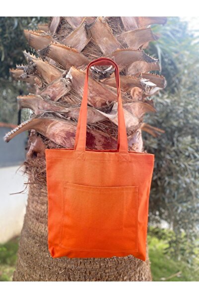 Handream Kanvas Kiremit Rengi Ön Cepli Bez Tote Omuz Çantası