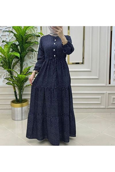 Ayşo clothes Φόρεμα χιτζάμπ σε μπλε ναυτικό βισκόζη πουά - Ρυθμιζόμενη ζώνη και λεπτομέρεια μπροστινού κουμπιού