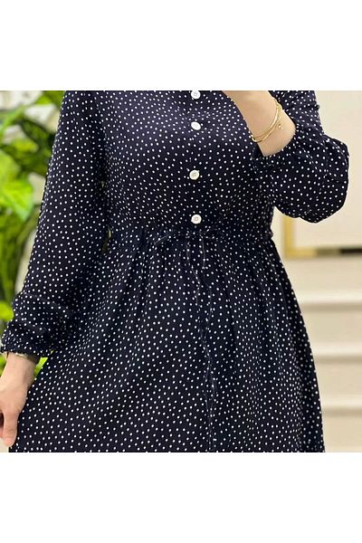 Ayşo clothes Φόρεμα χιτζάμπ σε μπλε ναυτικό βισκόζη πουά - Ρυθμιζόμενη ζώνη και λεπτομέρεια μπροστινού κουμπιού