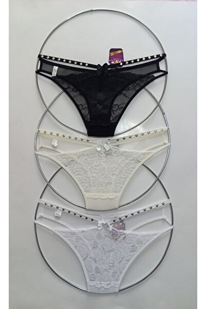 Papatya طقم سراويل داخلية نسائية مكون من 3 قطع - ثنية من الدانتيل والتول البر...