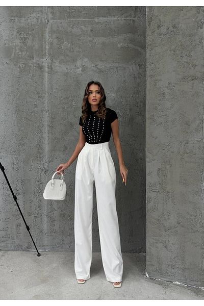 Tommes Butik Velcro Closure Double Fabric Palazzo Women's Trousers - White