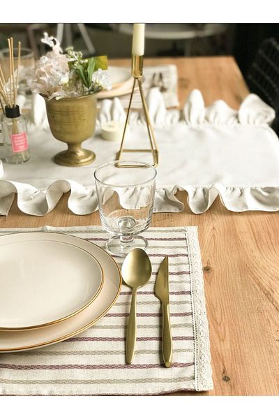 EVYA Frilly Vintage Runner 40x140 cm 100% βαμβακερό ακατέργαστο λινό Τραπεζομάντιλο Κομψό επιτραπέζιο σκεύος Διακοσμητικό τραπέζι