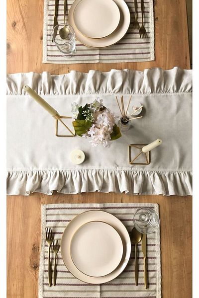EVYA Frilly Vintage Runner 40x140 cm 100% βαμβακερό ακατέργαστο λινό Τραπεζομάντιλο Κομψό επιτραπέζιο σκεύος Διακοσμητικό τραπέζι