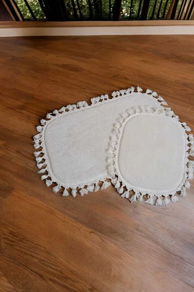 ALTUN CARPET 2 قطعة كريم + 6 ألوان متاحة سجادة حمام بوست قطيفة بوم بوم مهدب سجادة غير قابلة للانزلاق 50x80+40x50