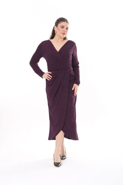 VOLİNAY TEKSTİL Büyük Beden Degaje Yaka Uzun Kol Simli Kumaş Abiye Elbise