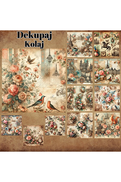 Pink Swan Craft Dekupaj Kolaj Vintage Etiket Seti – 12 Adet Scrapbook, Bullet...