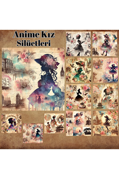 Pink Swan Craft Siluete de fete anime vintage - set de 12 etichete autocolant...