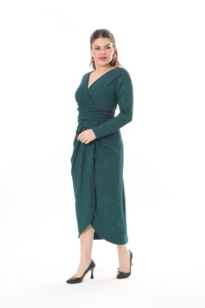 VOLİNAY TEKSTİL Rochie de seară din țesătură lurex, cu mânecă lungă, cu decolteu tip Degaje, mărime mare