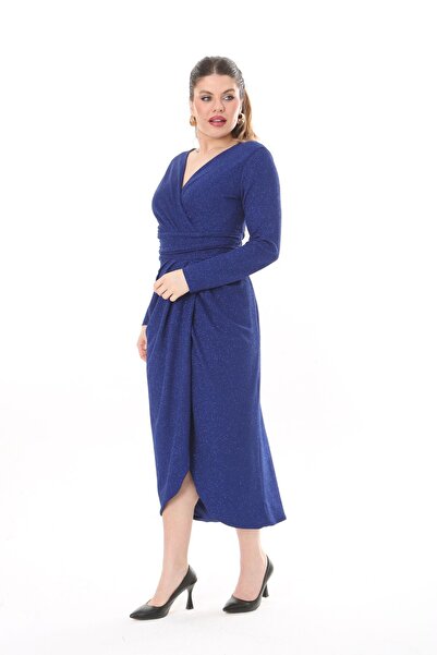 VOLİNAY TEKSTİL Büyük Beden Degaje Yaka Uzun Kol Simli Kumaş Abiye Elbise