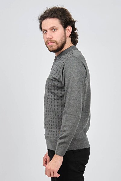 Çizgi Triko Чоловічий светр з деталями на кишені та візерунком на комірі 42544216 Сірий