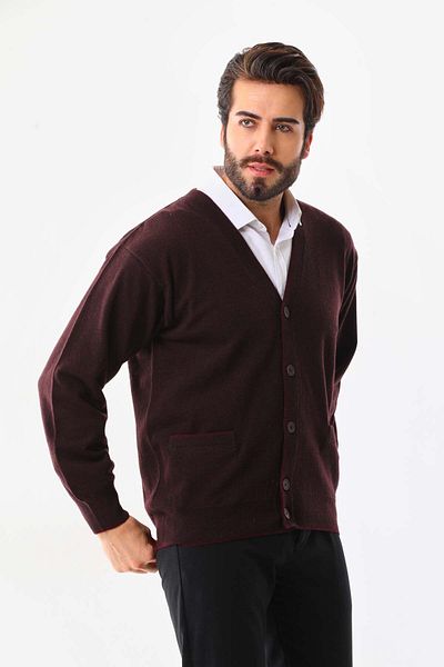 San&Fa Sanfa Men's V-Neck Pure Wool Cardigan 2634 Claret Red