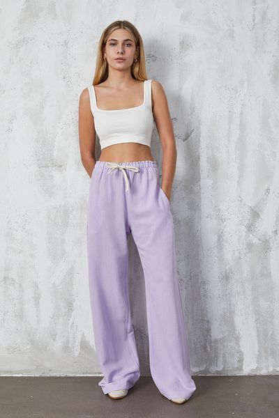 minaaise Lilac Linen Loose Cut Lace Detailed Trousers 27057