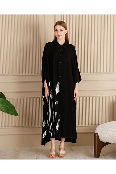 BeyzaBayram Black Glitter String Loose Viscose Long Shirt Dress - Oversize Large Size