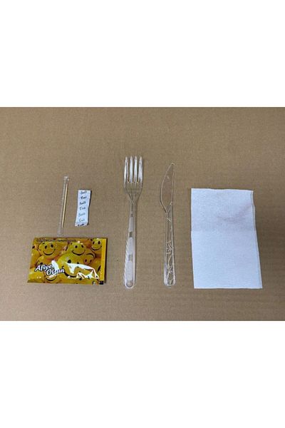 Erler Ambalaj Erler AmbTransparent 6-Piece Luxury Fork-Knife-Wet Wipes Catering Dinner Set 100 Pieces