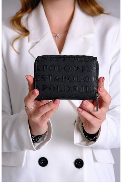 Just Polo Women's Black 6 Card + 1 ID Compartment Embossed Printed Wallet with Snap Fasteners and Zipper Closure