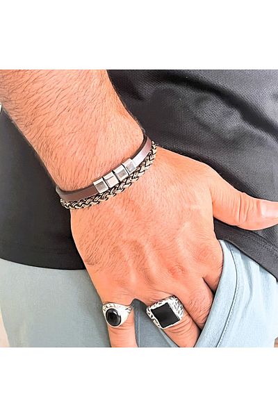 Farah Butik Men's Brown Leather Bracelet - Magnetic Buckle Detailed Gift Bracelet