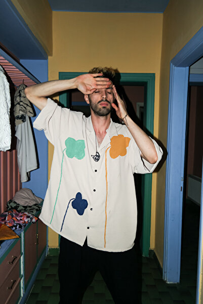 melongeneco Keten oversıze gömlek çıt çıt kapamalı handmade çiçek baskılı göm...