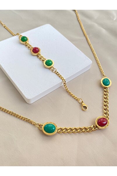 Inure Jewelry Colorful Summer Sparkle Gold Çerçeve Zincir Renkli Model Çelik (KOLYE & BİLEKLİK) 2'li Set