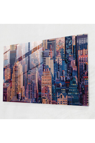 Popcas Pointillism Glass Print, Skyscraper Cityscape, Pointillism, Modern Art...