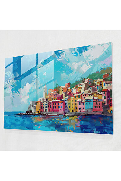 Popcas Seaside Town Glass Wall Art, Post, Impressionism, Modern Art