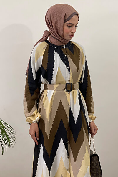 QLAY فستان صيفي نسائي من الفسكوز بحزام منقوش متعرج