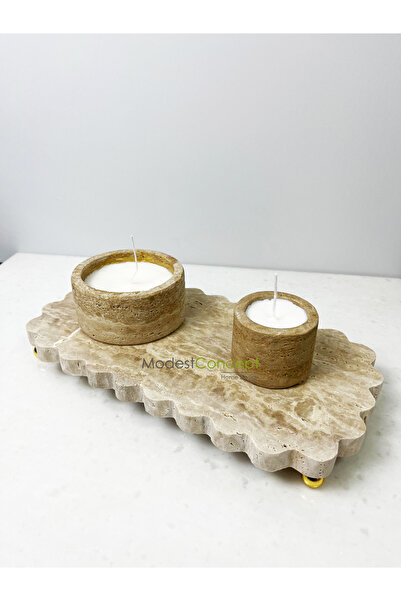 Modestmar Natural Travertine Marble - Gold Footed Supla Presentation Bowl with Decorative Edge Detail