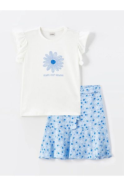 LC Waikiki LCW Kids Floral Print Crew Neck T-Shirt and Skirt Set for Girls