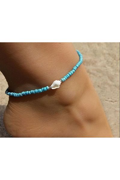 Stoneday Blue Sand Beaded White Seashell Anklet